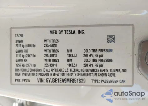 2021 Tesla Model 3 Standard Range Plus Rear-Wheel Drive из США, поврежденный, VIN 5YJ3E1EA9MF851839